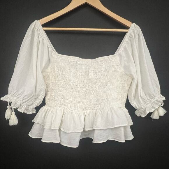Jacquie the Label blouse top women’s sz L ivory beige smocked off-the-shoulder - Picture 5 of 16